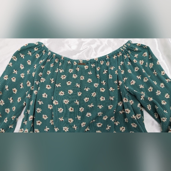 Billabong Women's US Medium Mint Green Floral Front Tie Cropped Blouse Top - Picture 5 of 12
